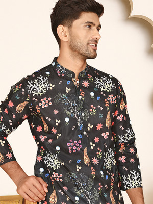 Jompers Men Printed Straight Kurta(Black)