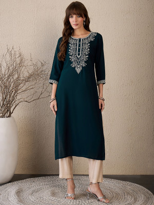 Indo Era Women Embroidered Straight Kurta(Dark Blue)