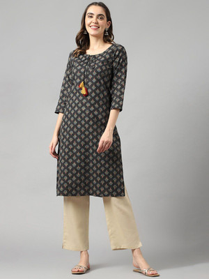 Sangria Women Printed Straight Kurta(Black)