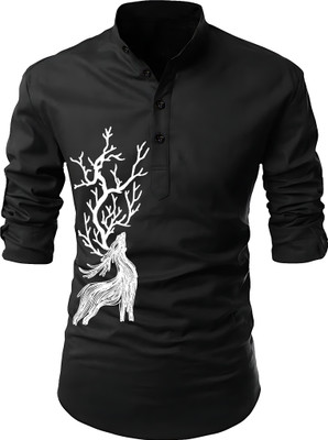 hfm Men Animal Print Straight Kurta(Black)