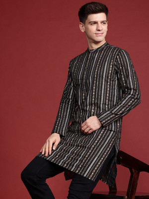 ANOUK Men Floral Print Straight Kurta(Black)