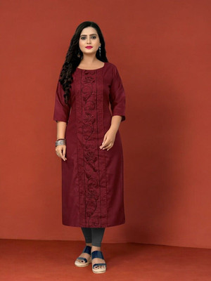 Ladylaz Women Floral Print Straight Kurta(Maroon)