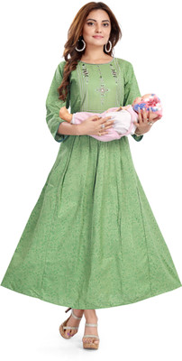 B2Fashion Women Embroidered Flared Kurta(Green, Silver)