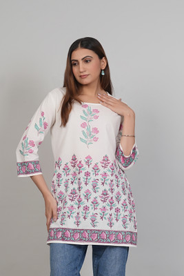 Zahwa Women Block Print A-line Kurta(White)