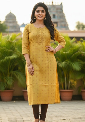 Ibbu Women Geometric Print, Embroidered Straight Kurta(Yellow)