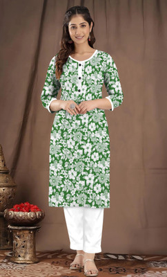 SMEnterprises Women Printed Straight Kurta(Green)
