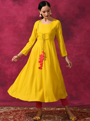 ANOUK Women Solid A-line Kurta(Yellow)