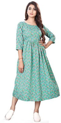 gorty Girls Geometric Print Gown Kurta(Dark Blue)