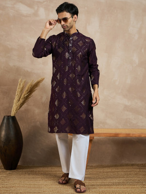 House of Pataudi Men Embroidered Straight Kurta(Purple)