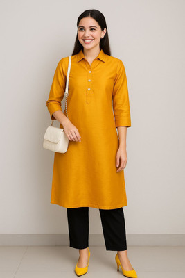 KRISHNAMTRENDS Women Solid Straight Kurta(Yellow)