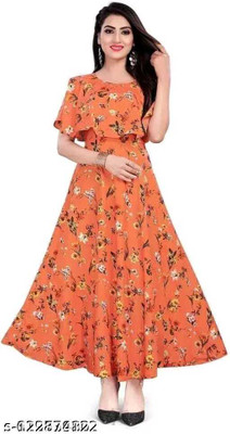U CREATION Women Applique Anarkali Kurta(Orange)
