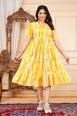 Silai Dhaga Women Fit and Flare Yellow Below Knee Dress