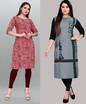 maruti fab Women Printed, Striped Straight Kurta(Red, Pink)