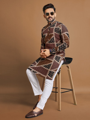 AKSHAT CREATION Men Self Design, Floral Print Straight Kurta(Brown)