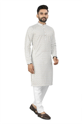 TRUST OUS Men Printed A-line Kurta(White)
