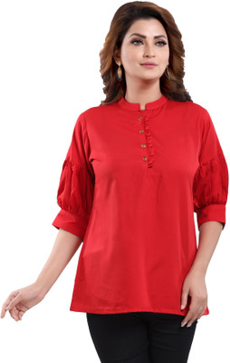 Anmi Red Poly Crepe Office Wear Short Tunic Top Solid Women Straight Kurta(Red)