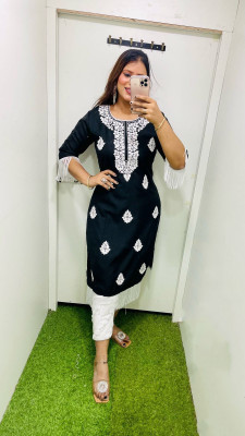 MAHYA Women Embroidered Straight Kurta(Black)