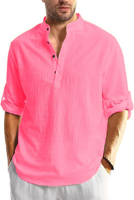 indirae Men Solid A-line Kurta(Pink)
