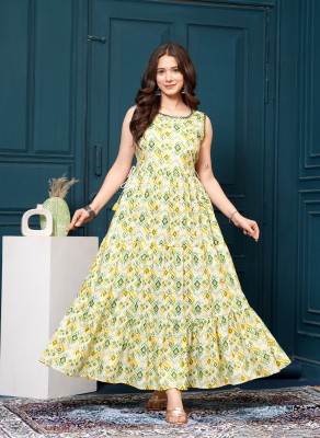 Mahalaxmi Taxtail Women Floral Print Anarkali Kurta(Green, Yellow, White)