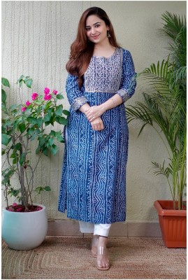 Fox Cover Women Bandhani Straight Kurta(Blue, White)