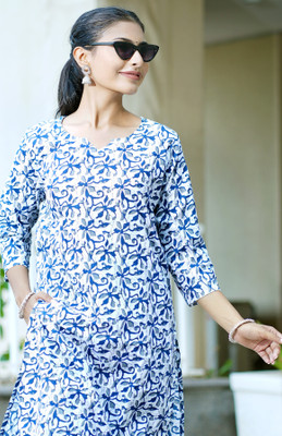 Surhi Women Printed Straight Kurta(Light Blue)