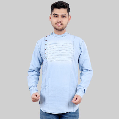 M'COT Men Washed Straight Kurta(Light Blue)