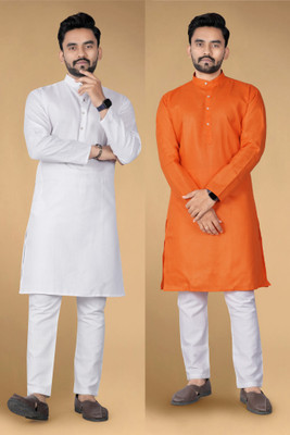 ETHNICSUTRA Men Solid Straight Kurta(White, Orange)