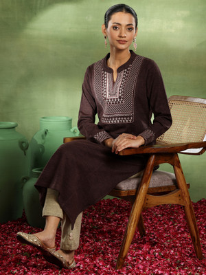 LIBAS Women Embroidered Straight Kurta(Brown)