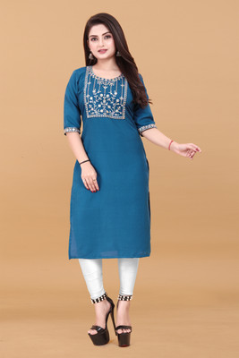 PAFASHION Women Embroidered A-line Kurta(Blue)