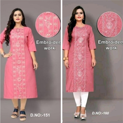 Ladylaz Women Embroidered Straight Kurta(Pink)