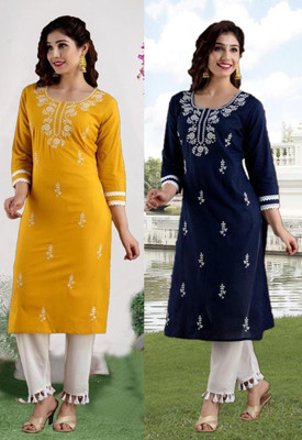 vikshi Women Chikan Embroidery A-line Kurta(Multicolor)