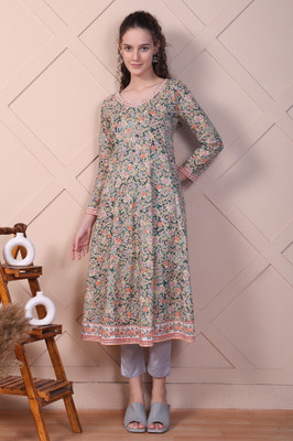Aurelia Women Floral Print Anarkali Kurta(Green)