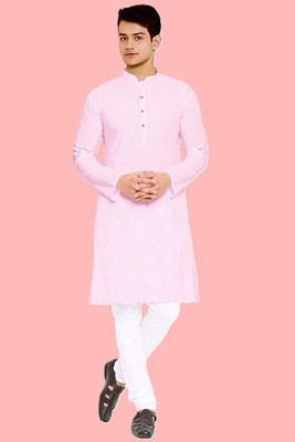 Madhav Mishri Men Solid Straight Kurta(Pink)