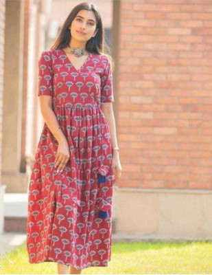 MANOJAVA Women Printed Anarkali Kurta(Maroon)