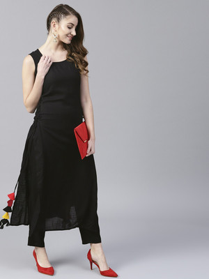 Ledy Queen Women Solid Straight Kurta(Black)