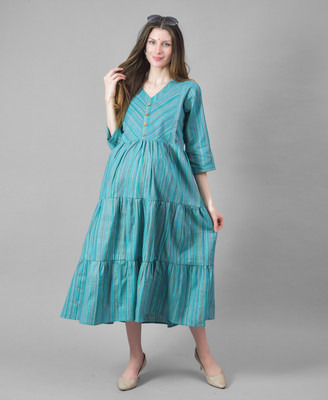 Negen Women Printed Flared Kurta(Blue)