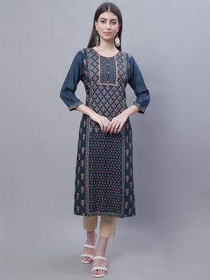 CANTABIL Women Printed Straight Kurta(Dark Blue, Pink, Beige)