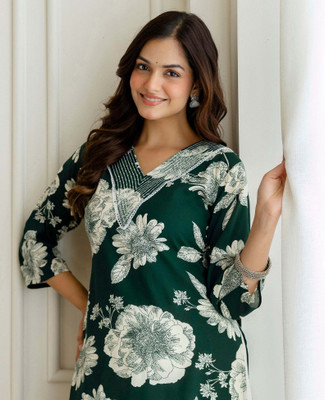 Udati Kaliya Women Printed Straight Kurta(Dark Green)
