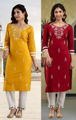 HouseOfCommon Women Chikan Embroidery Straight Kurta(Multicolor)