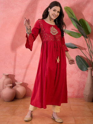 Sangria Women Printed A-line Kurta(Red)