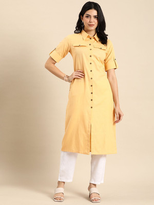 ANOUK Women Solid Frontslit Kurta(Yellow)