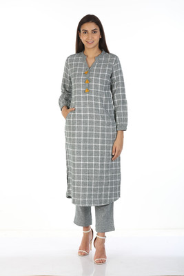 mustard Women Checkered Straight Kurta(Grey)