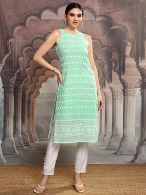 Vishudh Women Embroidered Straight Kurta(Green)