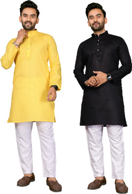 ANAND Men Solid, Self Design A-line Kurta(Yellow, Black)