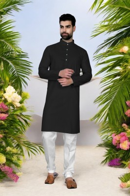 G7 FASHION Men Solid Straight Kurta(Black)