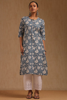 soch Women Floral Print Straight Kurta(Blue)