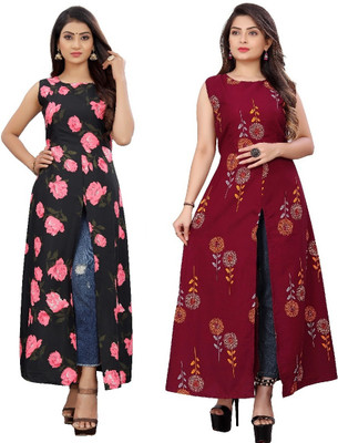 Modli 20 Fashion Women Floral Print Frontslit Kurta(Maroon)