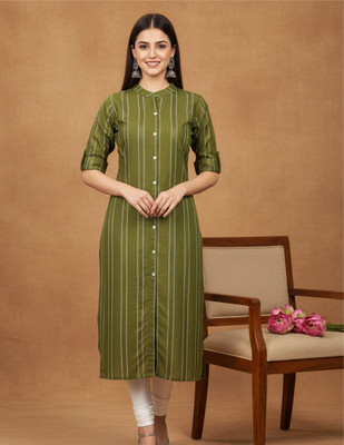 shhop Women Striped Frontslit Kurta(Dark Blue)