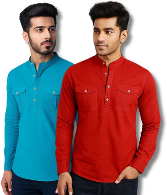 ClothTheory Men Solid Straight Kurta(Red, Blue)
