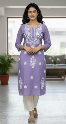 ChikankariArts Women Chikan Embroidery, Embroidered Straight Kurta(Purple)
